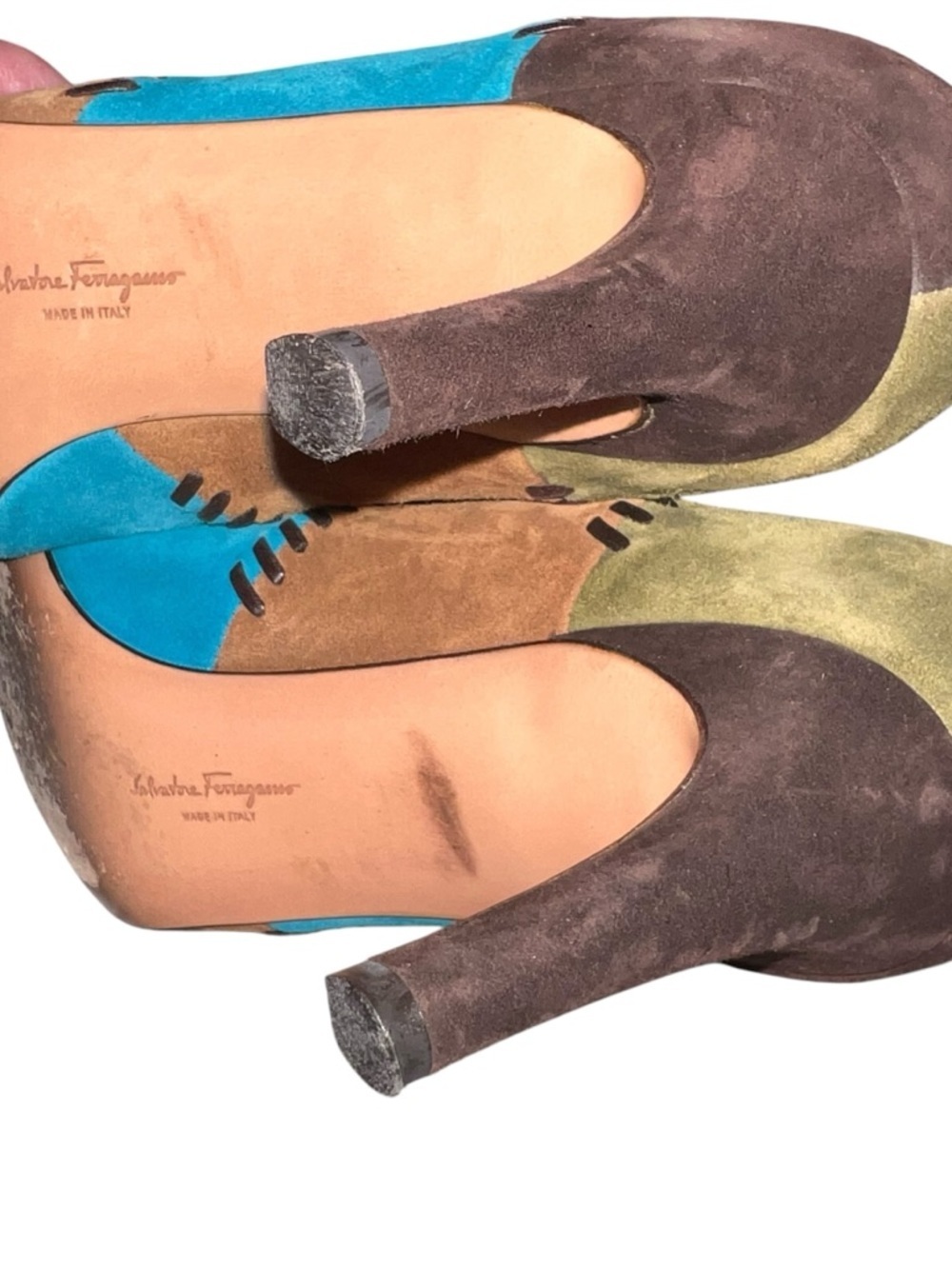 Salvatore Ferragamo Multicolor Suede Patchwork Pointed-Toe Pumps - Picture 5 of 12